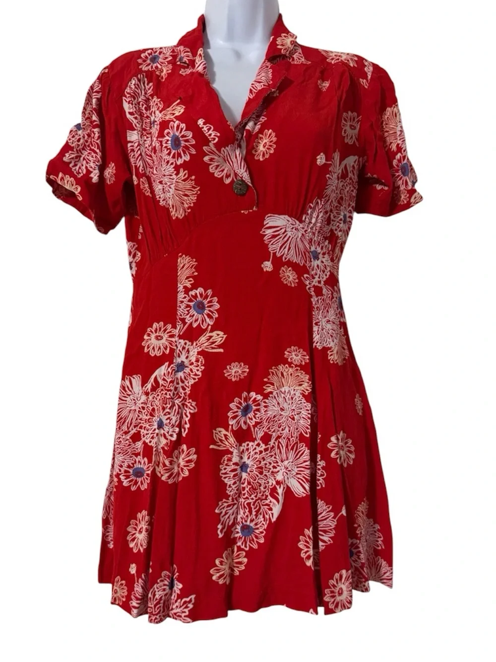 Free People Blue Hawaii Red Floral Print Short Sleeve Mini Dress Sz XS Sundress